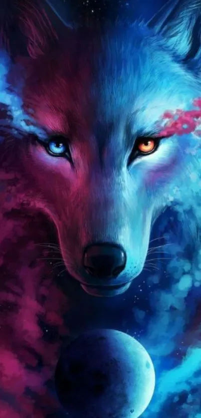 Mystical wolf in galaxy-themed mobile wallpaper.