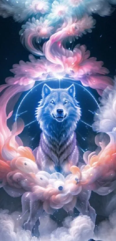 Mystical wolf with cosmic clouds in vibrant colors, perfect for phone wallpaper.