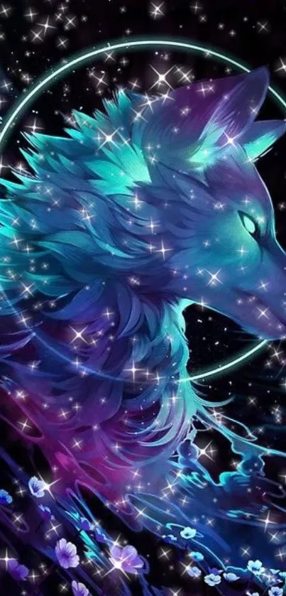 Mystical wolf with purple and blue galaxy background filled with stars.