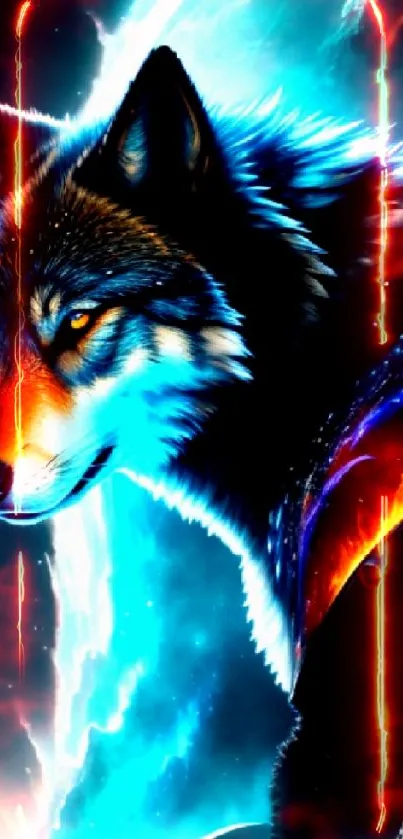 Mystical wolf with cosmic galaxy background, vibrant digital art.