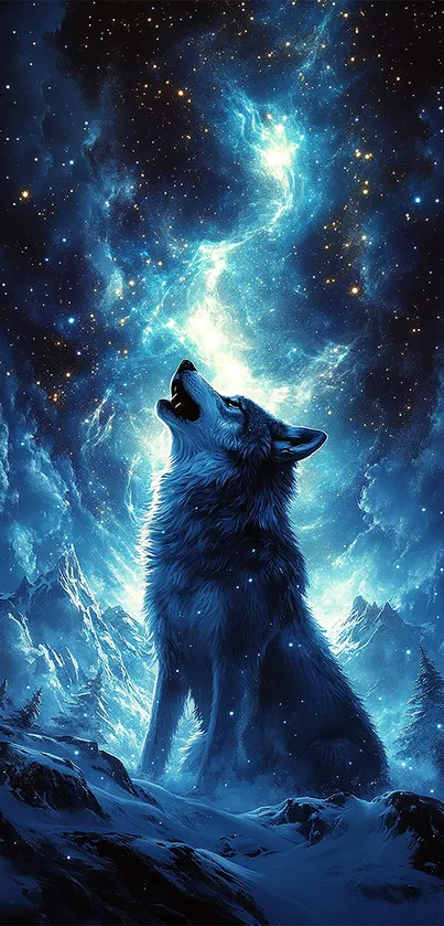 A mystical wolf howling under a starry blue sky.
