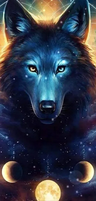 Mystical wolf with galaxy and celestial design in vibrant colors.