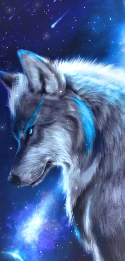 Mystical wolf with wings in a galaxy setting.