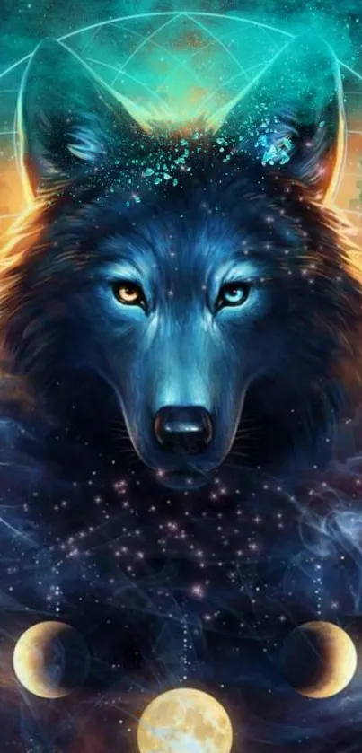 Mystical wolf art with cosmic galaxy elements in dark blue tones.