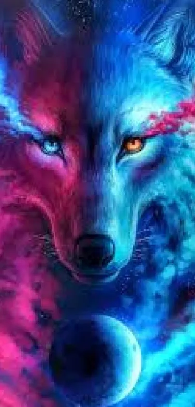 Mystical wolf in a vibrant blue and pink galaxy.