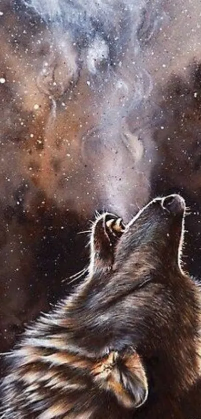 Wolf howling at a starry cosmic sky.