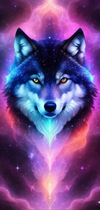 Mystical wolf in a galaxy with vibrant colors and cosmic elements.