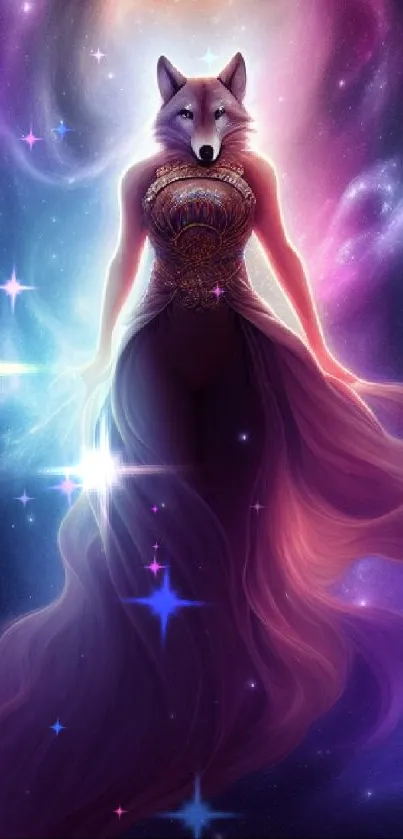 Mystical wolf figure in purple cosmic setting, galaxy-themed mobile wallpaper.