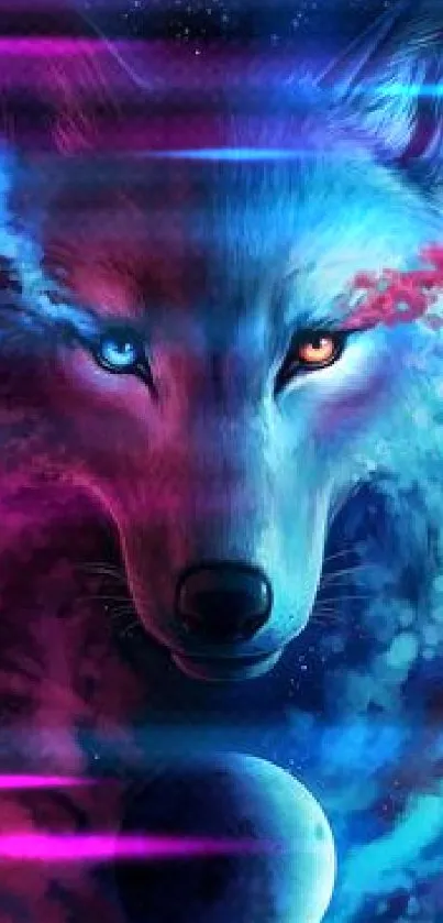 Mystical wolf with galaxy background in vibrant colors.