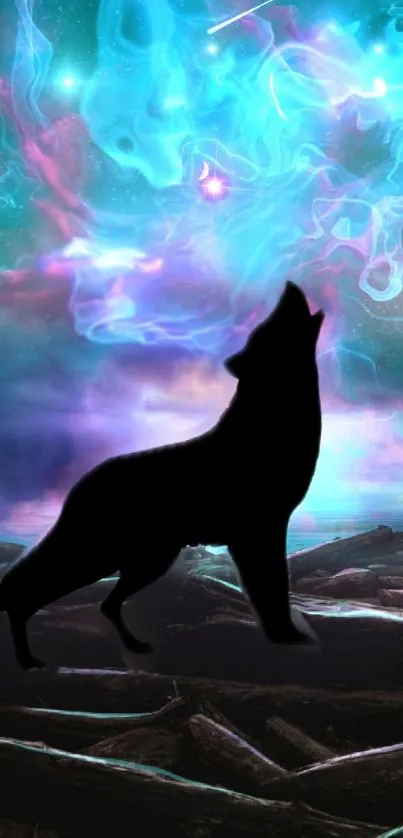 Mystical wolf silhouette against a vibrant galaxy.