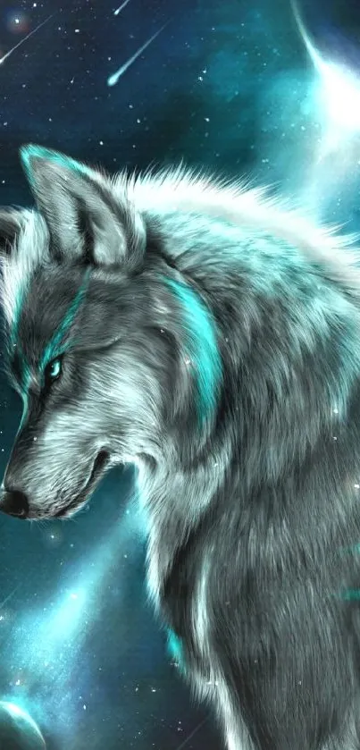 Wolf with blue accents in a galaxy background.