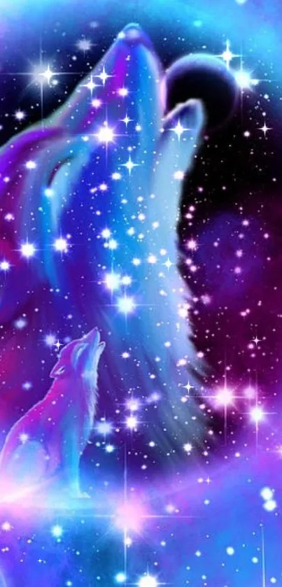 Mystical wolf howling in galaxy with stars.