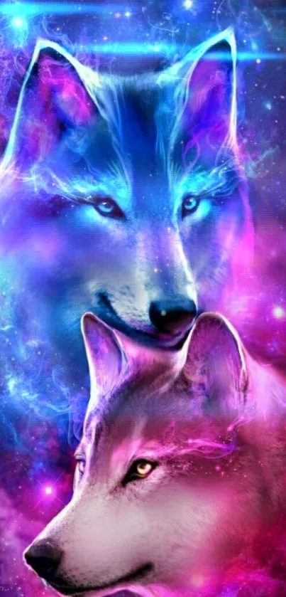 Mystical neon galaxy wallpaper with wolves in purple and blue hues.