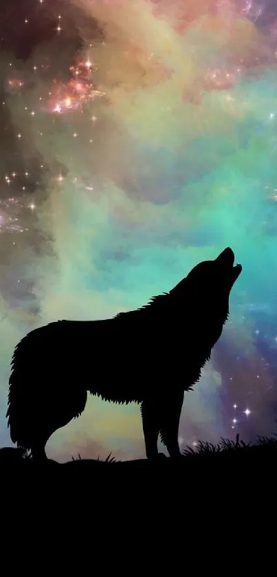 Wolf silhouette against a vibrant galaxy night sky with cosmic colors.