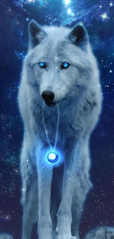 Mystical wolf with blue eyes in a galaxy-themed wallpaper.