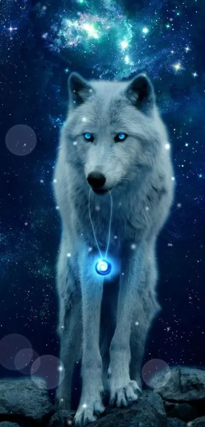 Mystical wolf in galaxy with glowing eyes and dark blue tones.