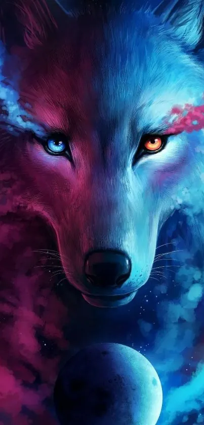 Mystical blue and pink wolf with cosmic background.