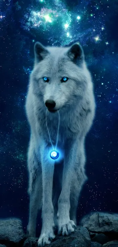 Mystical wolf with glowing eyes in a starry galaxy background.