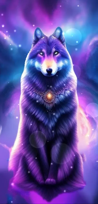 Mystical wolf amidst a vibrant galactic backdrop with violet hues.