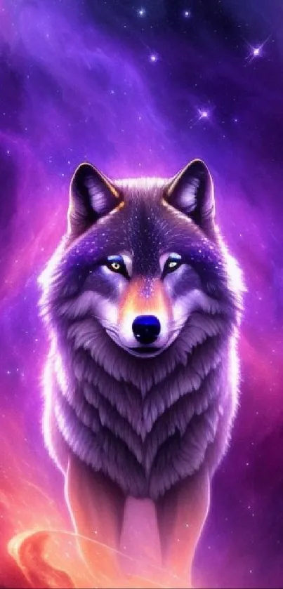 Mystical wolf amidst a vibrant purple galaxy.