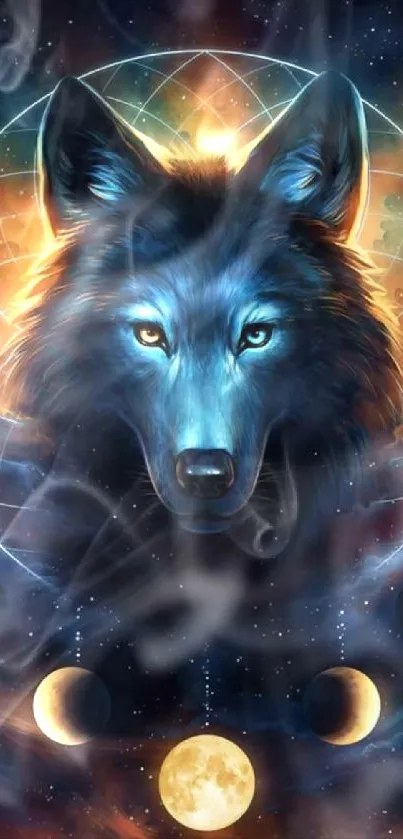 Mystical wolf in a galaxy setting with lunar phases.