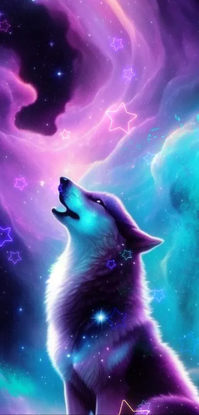 Mystical wolf howling in a purple galaxy with vibrant stars.
