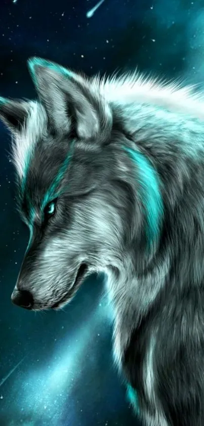 Mystical teal wolf in a galaxy background.