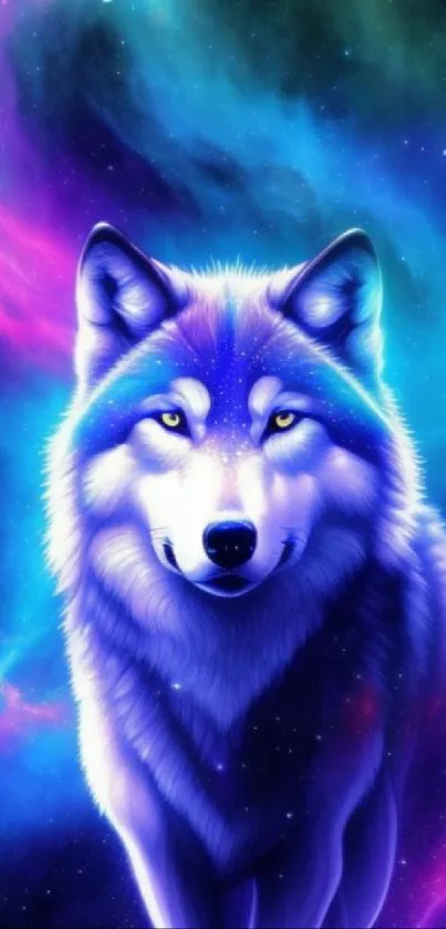 Mystical wolf with galaxy background in vibrant blues and purples.