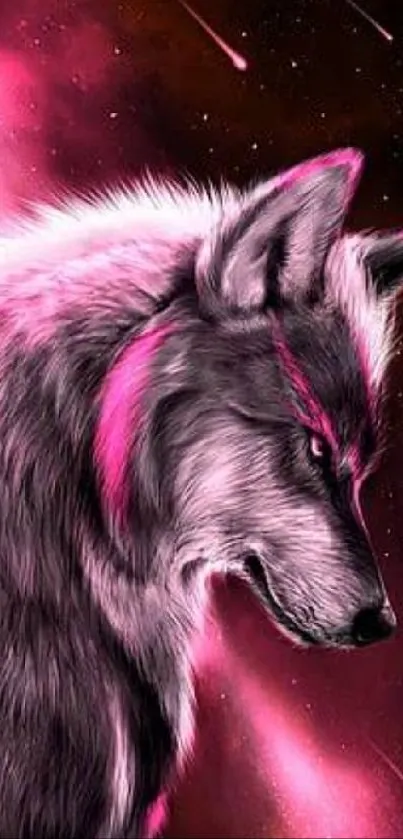 Mystical wolf against a pink galaxy backdrop.