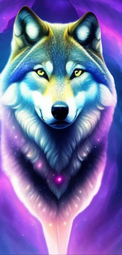 Mystical wolf in a vibrant galaxy with purple and blue hues.