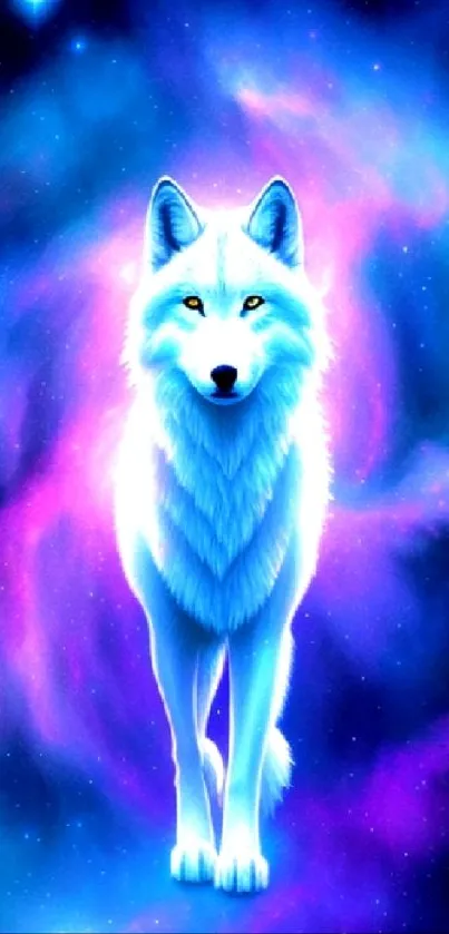 Radiant wolf in a vibrant galaxy backdrop.