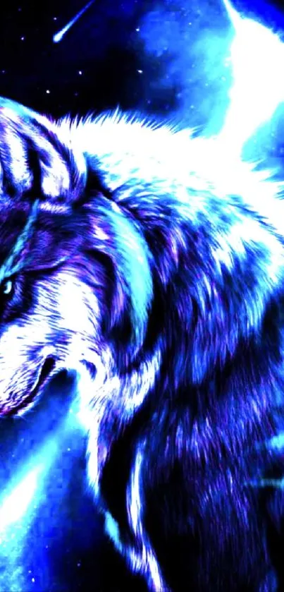 Neon blue wolf in a starry galaxy background.