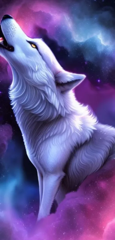 Mystical white wolf in a vibrant cosmic galaxy background.