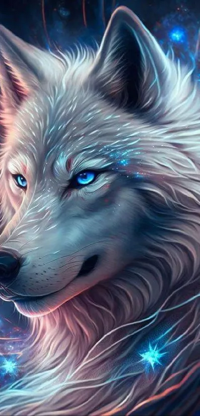 Mystical wolf in a galaxy-themed wallpaper with stars and dark hues.