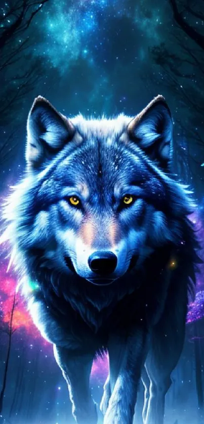 A mystical wolf stands under a cosmic galaxy in this enchanting wallpaper.