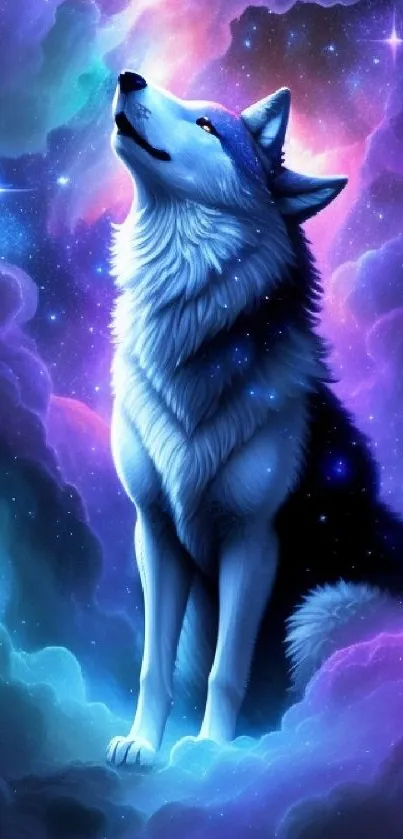 Mystical wolf gazing in a colorful cosmic galaxy scene.