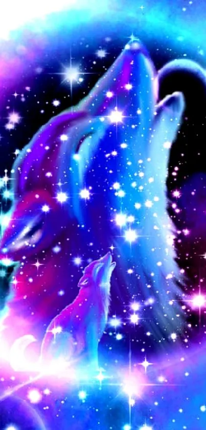 Mystical wolf howling in a vibrant galaxy with stars