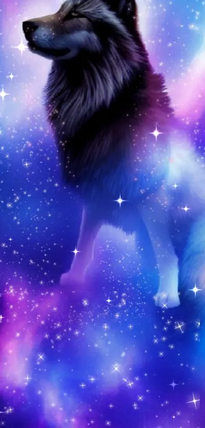 Mystical wolf in a vibrant galaxy filled with stars.