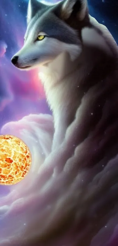 Mystical wolf in galaxy with purple and orange hues, mobile wallpaper.