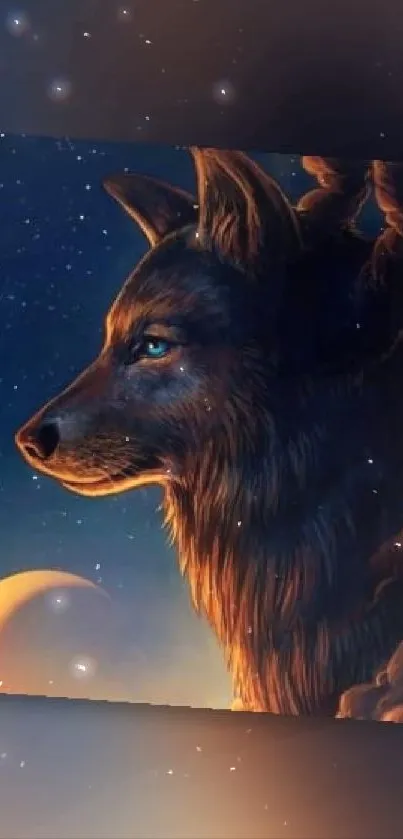 Mystical wolf with galaxy background and starry night sky in a digital artwork.