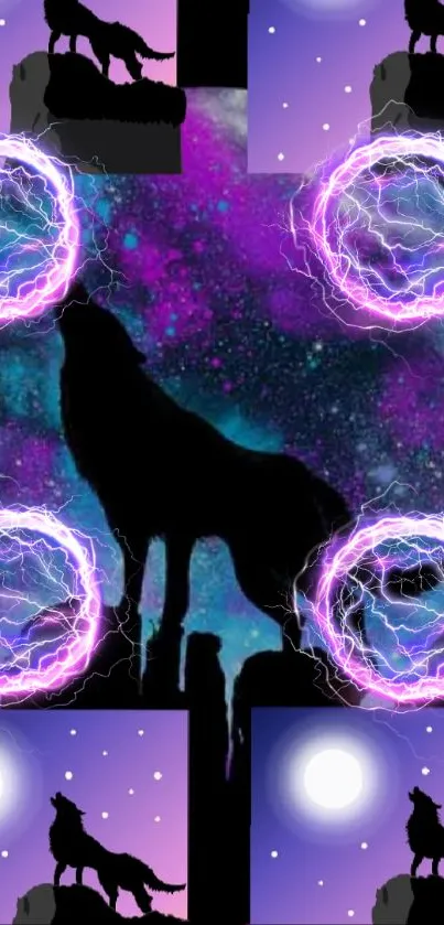 Mystical wolf against a galaxy with cosmic circles.