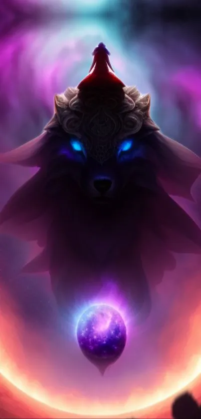 Mystical wolf with glowing eyes against a cosmic galaxy backdrop.