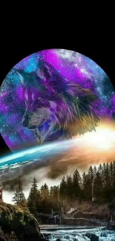 Cosmic wolf with galaxy background and forest scenery.