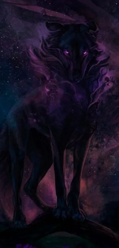 Mystical wolf in a galaxy setting with dark purple tones.