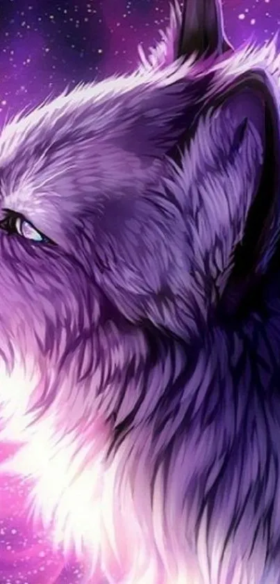 Mystical purple wolf in a galaxy-themed wallpaper.