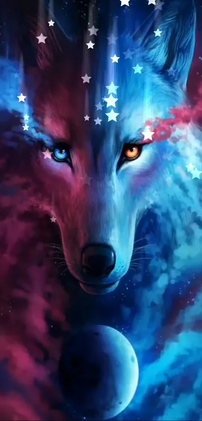 Mystical wolf with galaxy background, vibrant blue dominant.