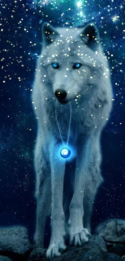 A luminous wolf stands under a starry galaxy sky.