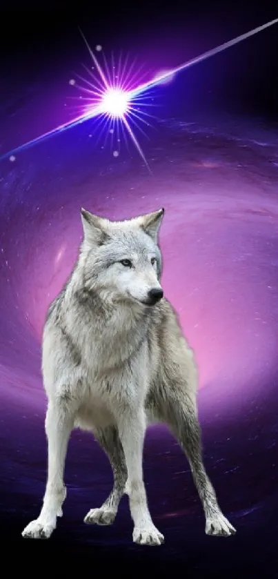 Mystical wolf in a swirling galaxy backdrop with a purple hue.