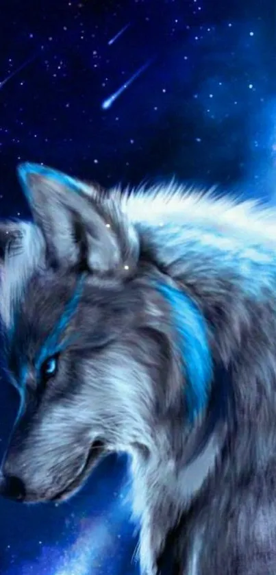 A mystical wolf under a galaxy night sky.