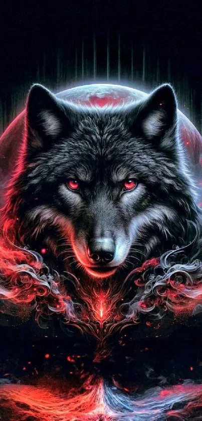 Stunning mystical wolf with cosmic background and vibrant red glow.